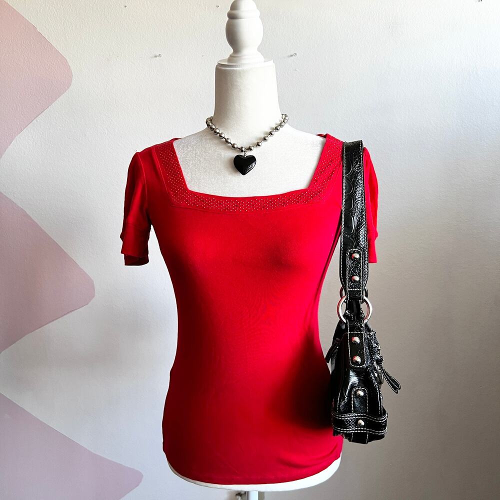 Y2K Express Womens Red Rhinestone‎ Top Size Small Retro Glam 2000s Bling